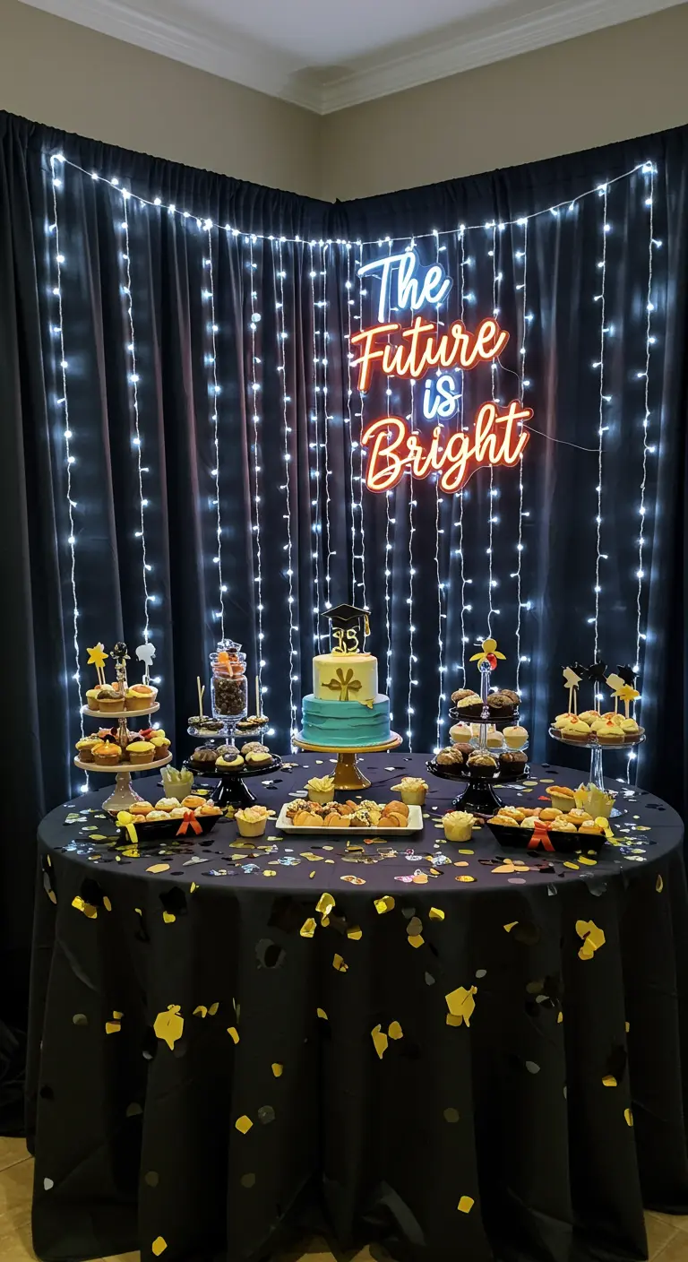 Mesa de postres de graduación con un fondo de luces y un letrero de neón brillante.