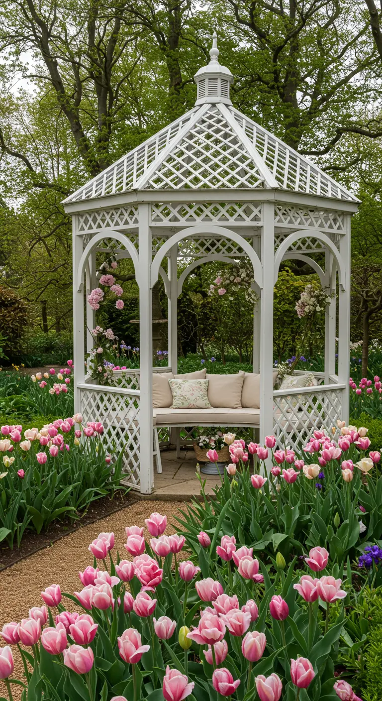 Gazebo blanco de madera con celosías, rodeado de un jardín espectacular de tulipanes rosas.