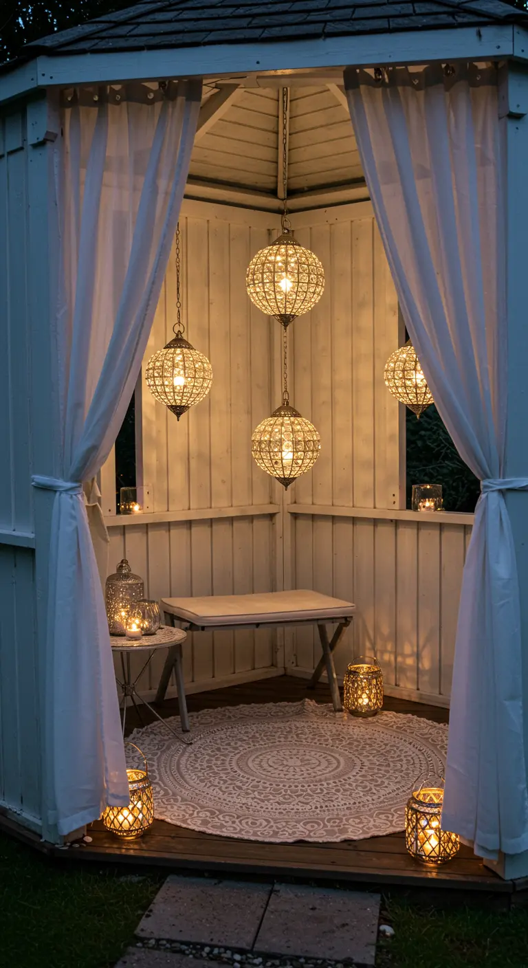 Gazebo blanco con cortinas, alfombra redonda y lámparas de cuentas colgantes iluminadas.