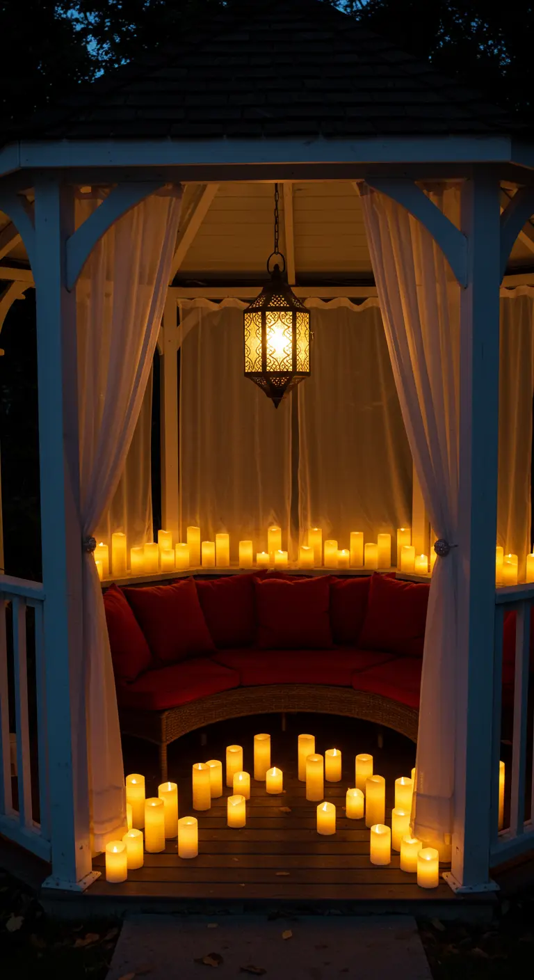 Gazebo blanco con un sofá curvo rojo, rodeado por decenas de velas LED de diferentes tamaños.