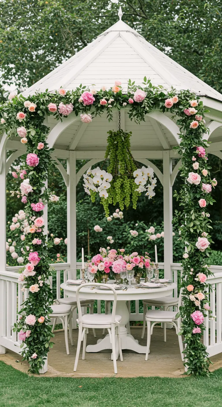 Cenador blanco decorado con rosas y un candelabro colgante hecho de uvas y orquídeas.