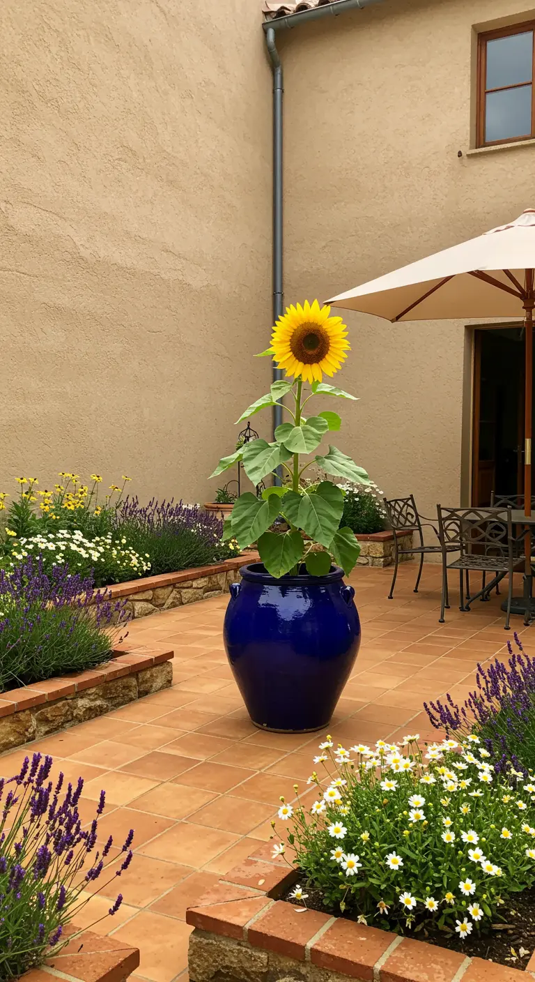 Un único girasol en una maceta azul vibrante sobre un patio de baldosas de terracota.