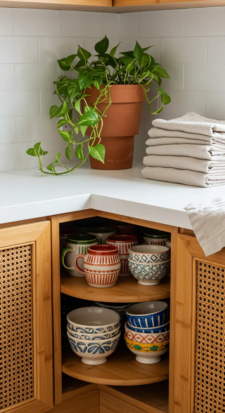 Estante giratorio de bambú en un mueble con puertas de ratán, lleno de tazas y boles de cerámica.