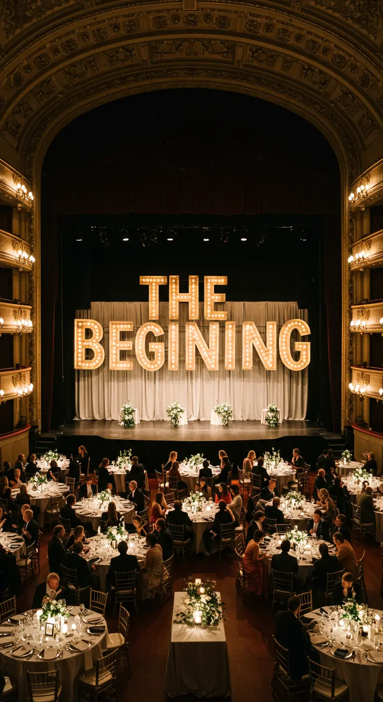 Letras luminosas gigantes que dicen THE BEGINNING en el escenario de un gran teatro.