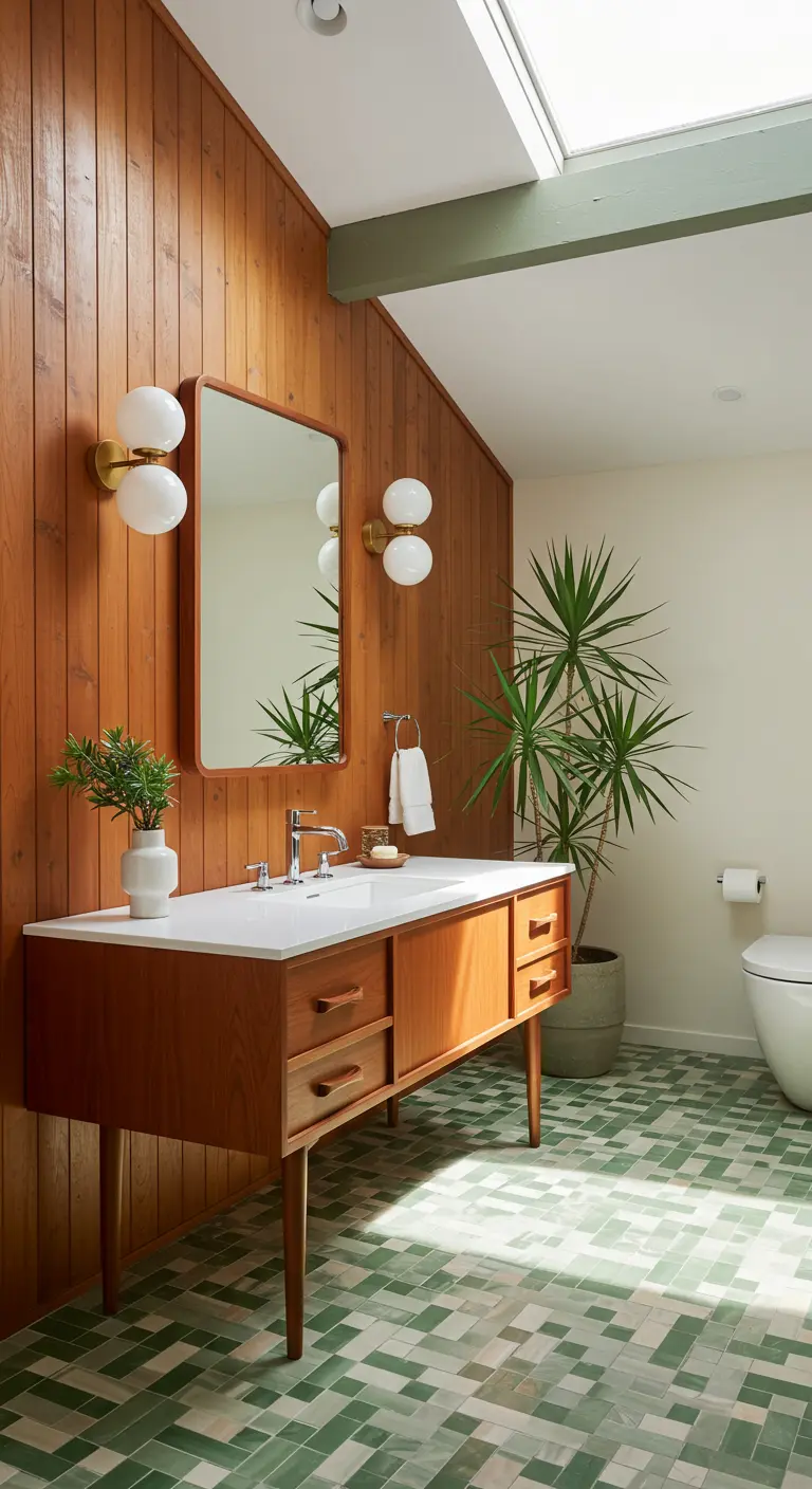 Baño con pared de madera, azulejos verdes en el suelo y mueble de estilo Mid-Century