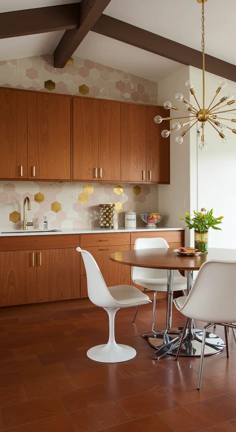 Cocina Mid-Century Modern con gabinetes de madera y salpicadero de azulejos hexagonales rosados y dorados.