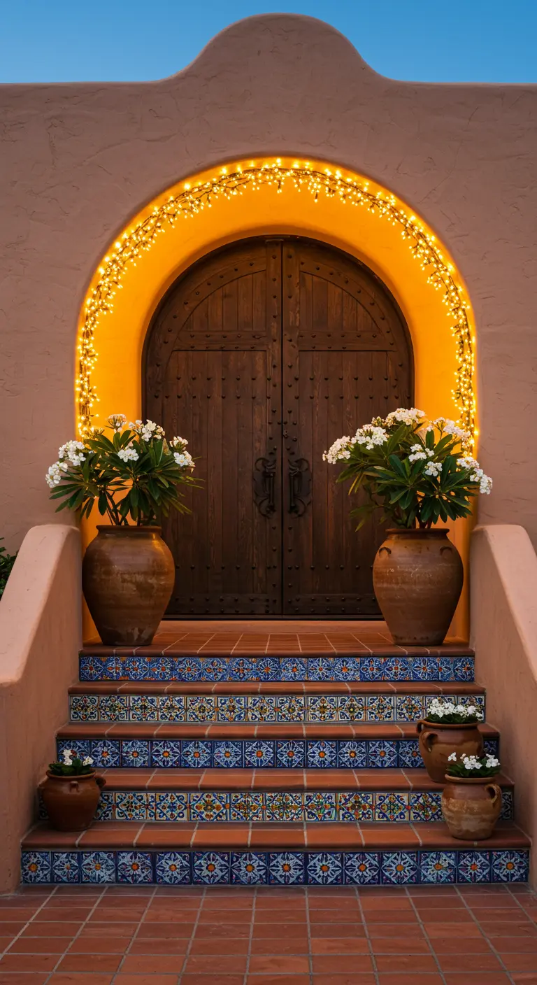 Entrada de estilo adobe con un arco iluminado, escalones de azulejos y macetas de barro con flores blancas.