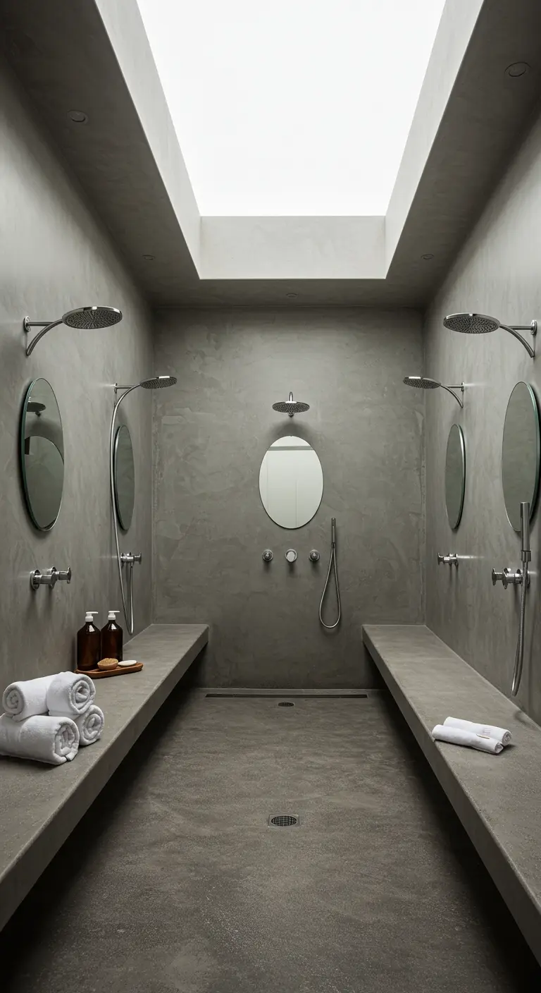Gran sala de ducha de microcemento gris con bancos de obra y múltiples rociadores.