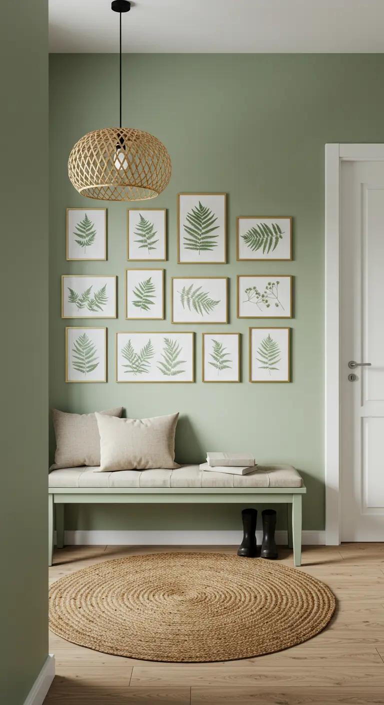 Recibidor en verde salvia con una galería de láminas de helechos enmarcadas en dorado.