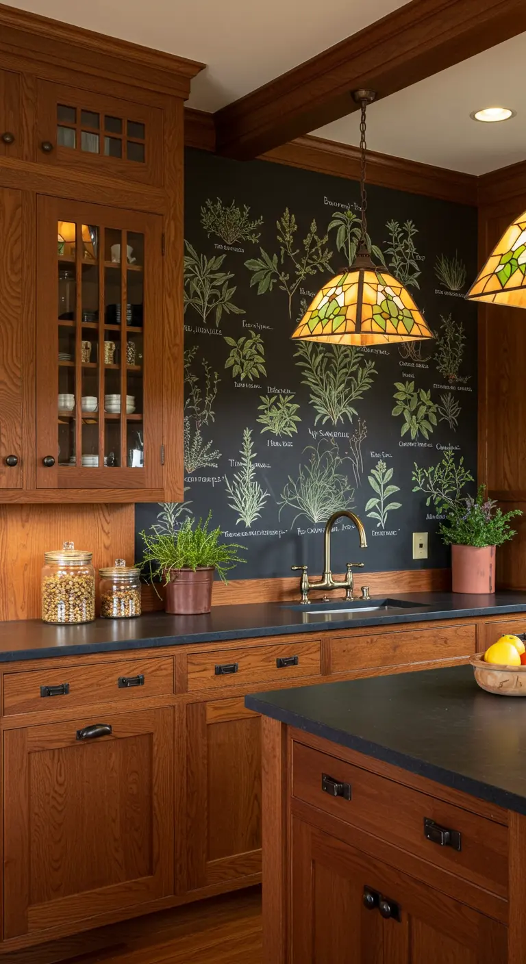Cocina de madera oscura con una pared de pizarra cubierta de detalladas ilustraciones botánicas de hierbas.
