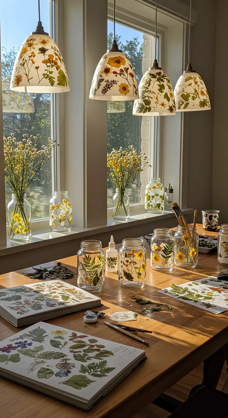 Lámparas con pantallas hechas de flores prensadas y resina, con un toque botánico y delicado.