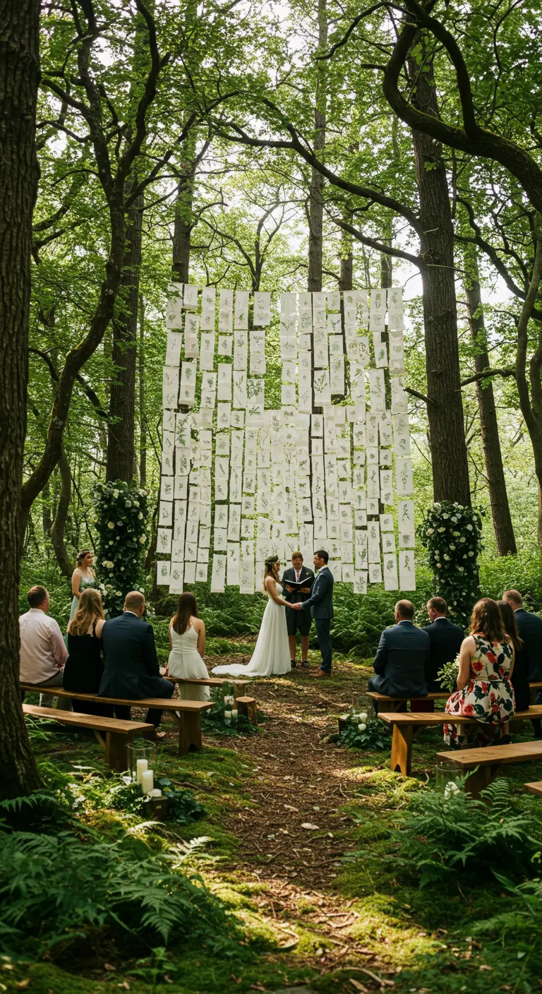 Ceremonia de boda en un bosque con un telón de fondo hecho de ilustraciones botánicas colgadas.