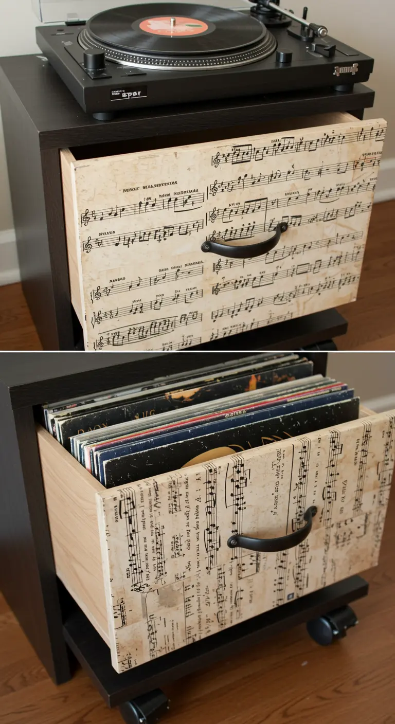 Archivador para discos de vinilo con el frontal del cajón decorado con partituras musicales
