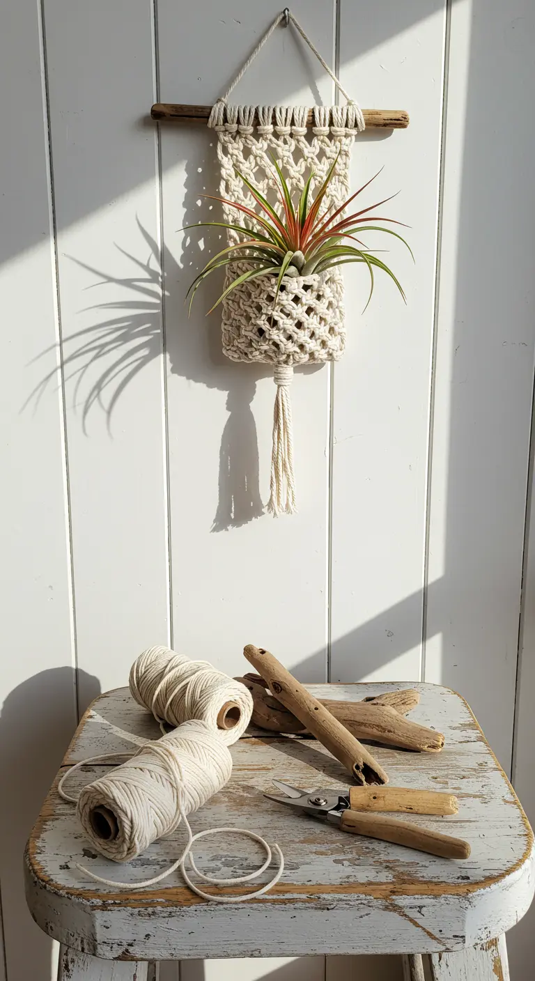 Soporte colgante de macramé para una planta de aire, hecho con una rama natural