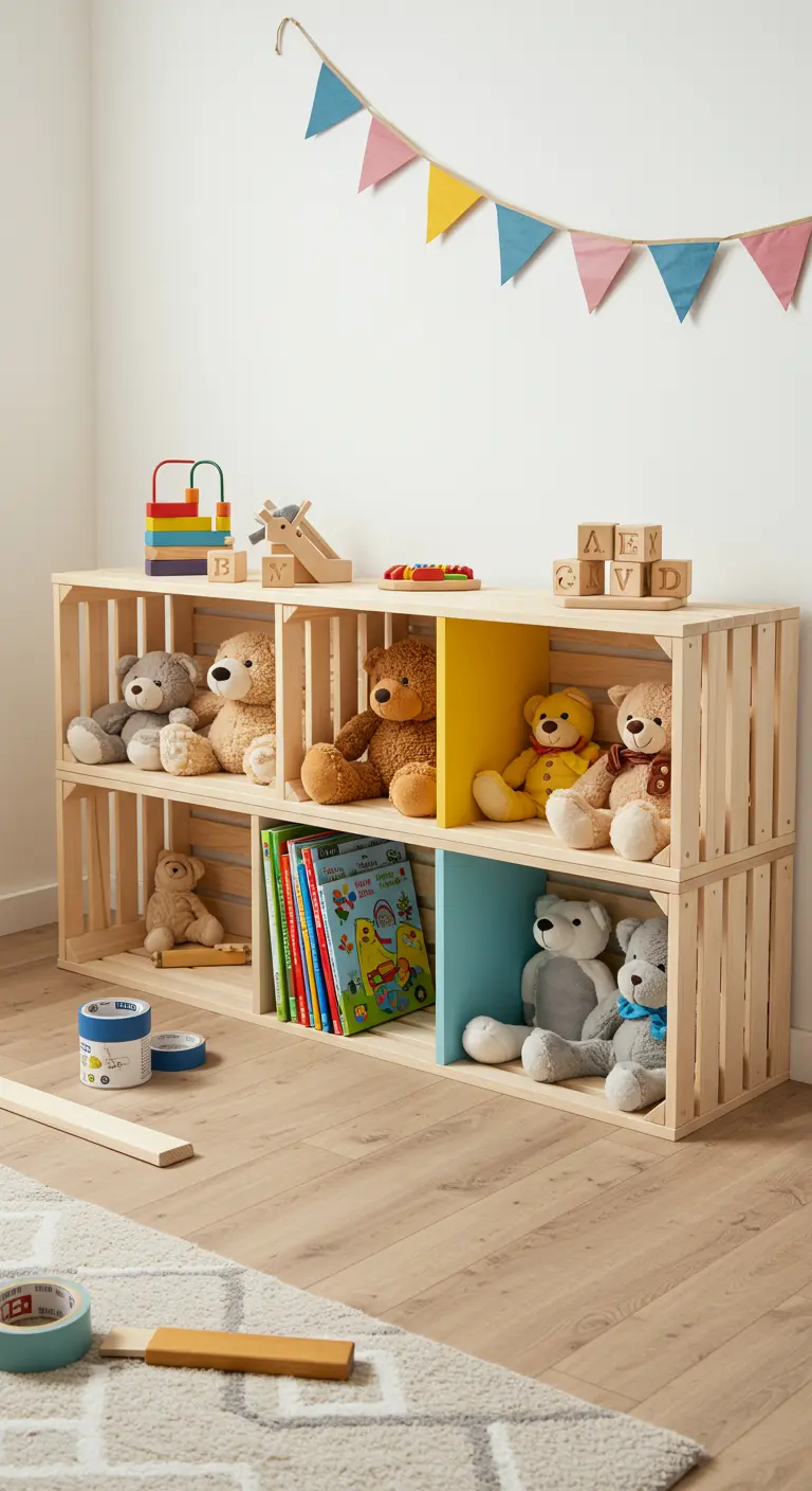Estantería baja para habitación infantil hecha con cajas de madera, con algunos fondos pintados de colores.