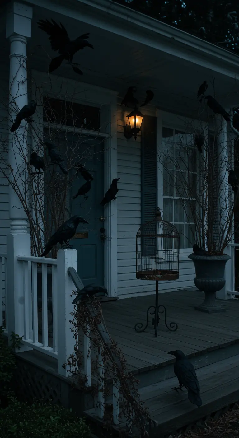 Porche oscuro decorado con docenas de cuervos negros posados en ramas y barandillas.