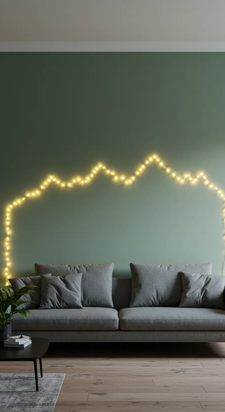 Pared verde con una silueta de montañas hecha con luces de hadas sobre un sofá gris