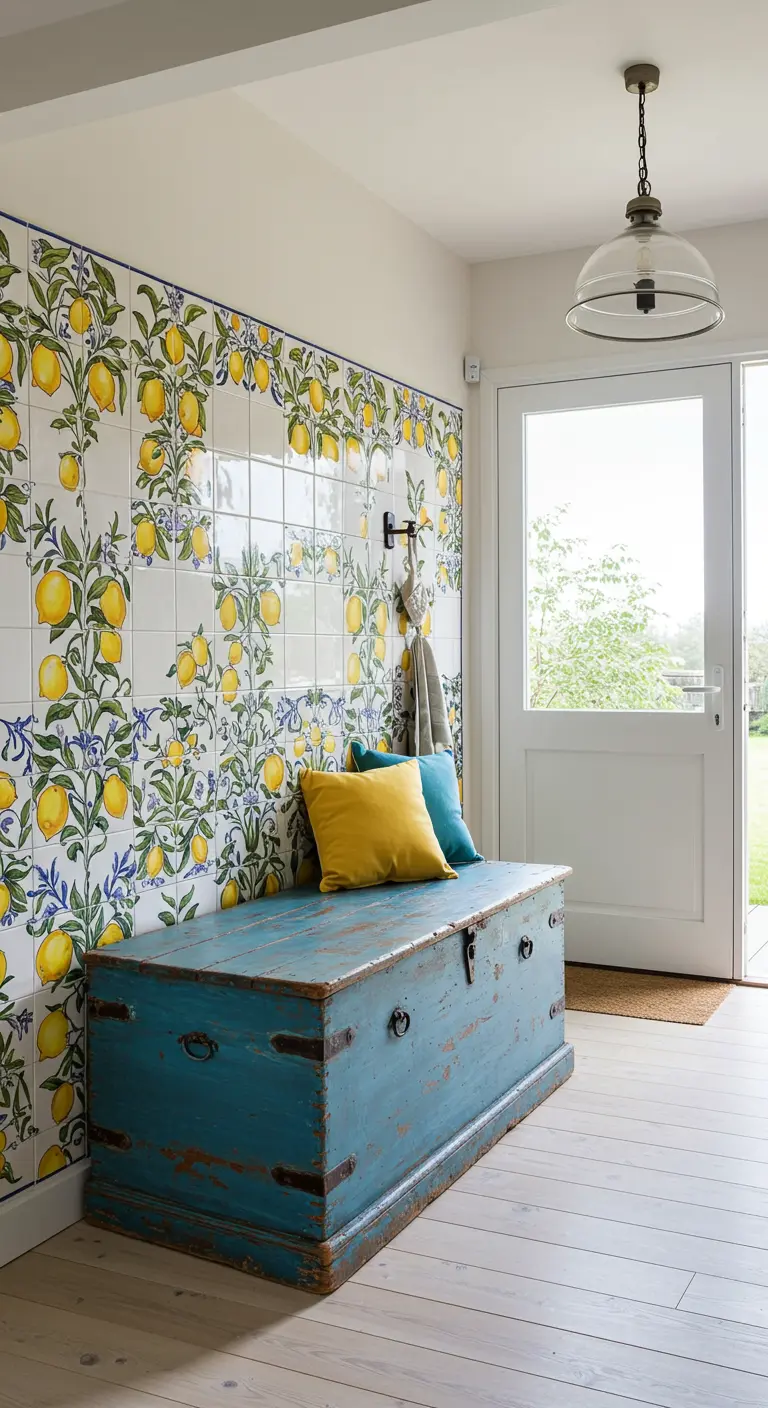 Recibidor con pared de azulejos con limones y un baúl de madera pintado de azul verdoso.