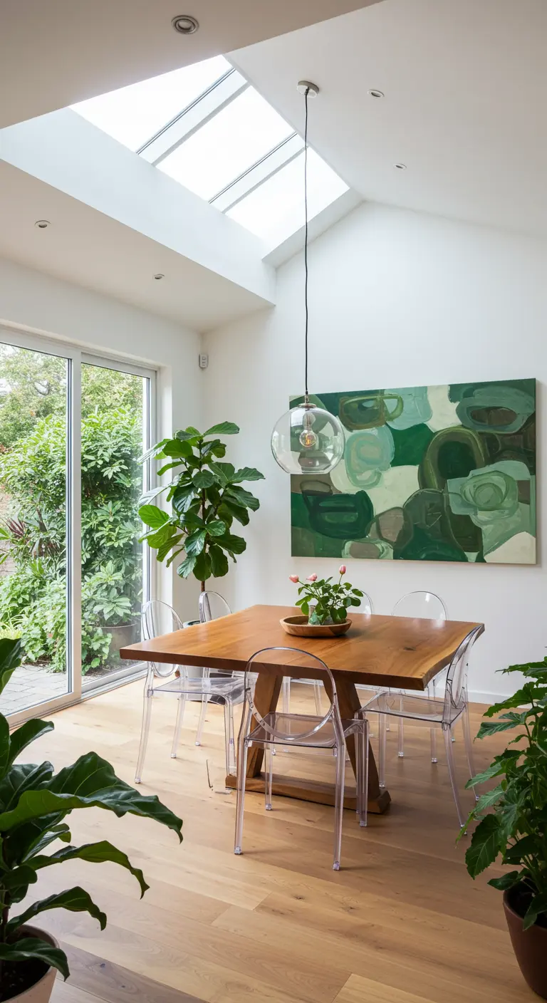 Comedor luminoso con tragaluces, arte abstracto verde y muchas plantas.