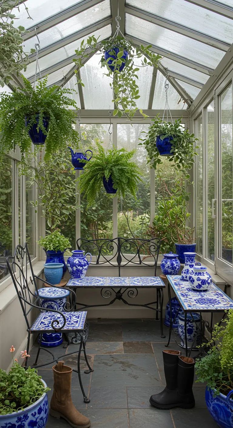 Invernadero lleno de plantas en macetas de cerámica azul y blanca y muebles de hierro forjado.