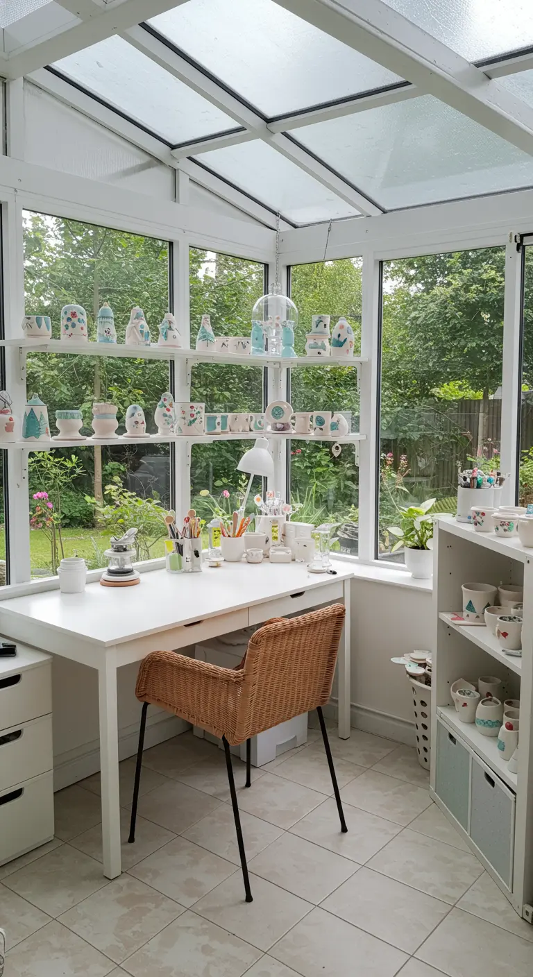 Estudio de cerámica luminoso en un porche acristalado con vistas al jardín.