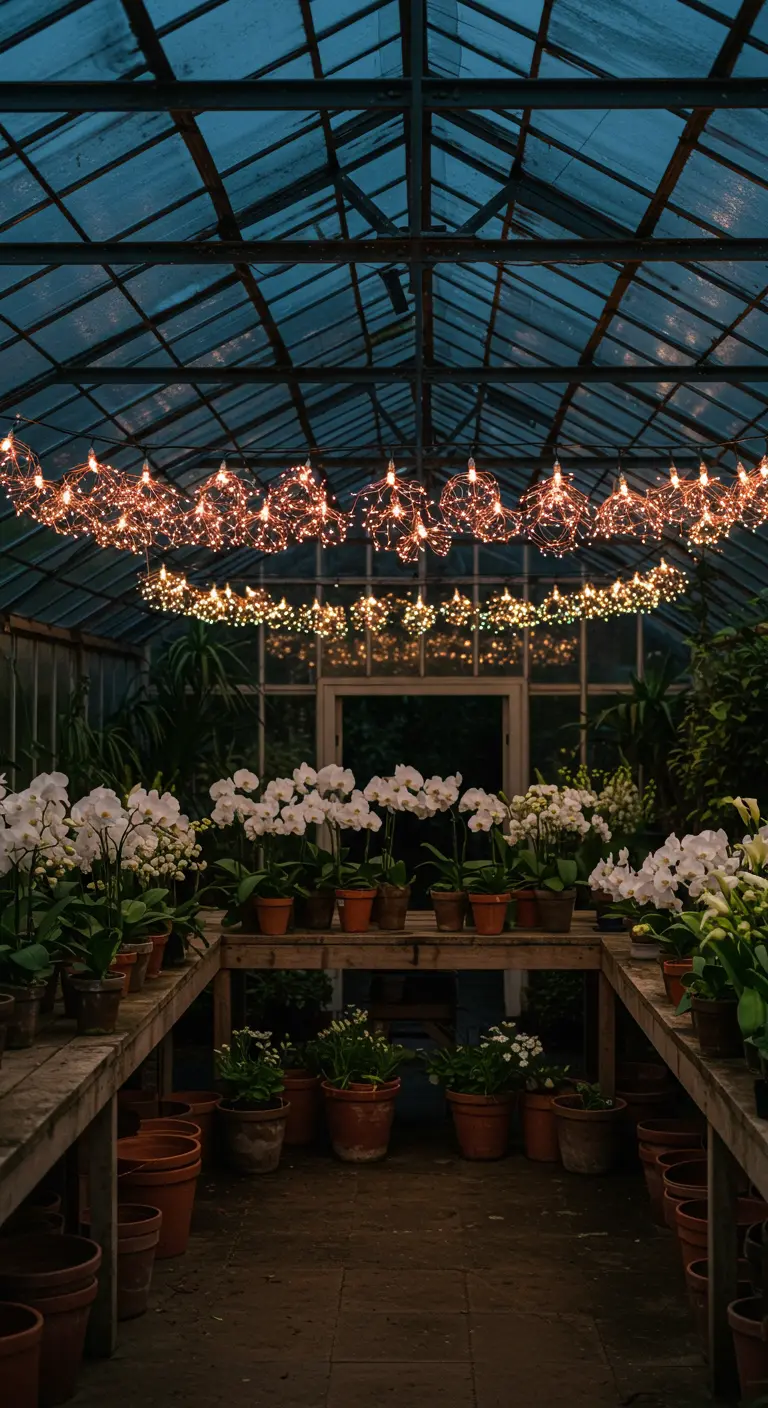 Interior de un invernadero con orquídeas blancas y luces de hadas formando candelabros en el techo.