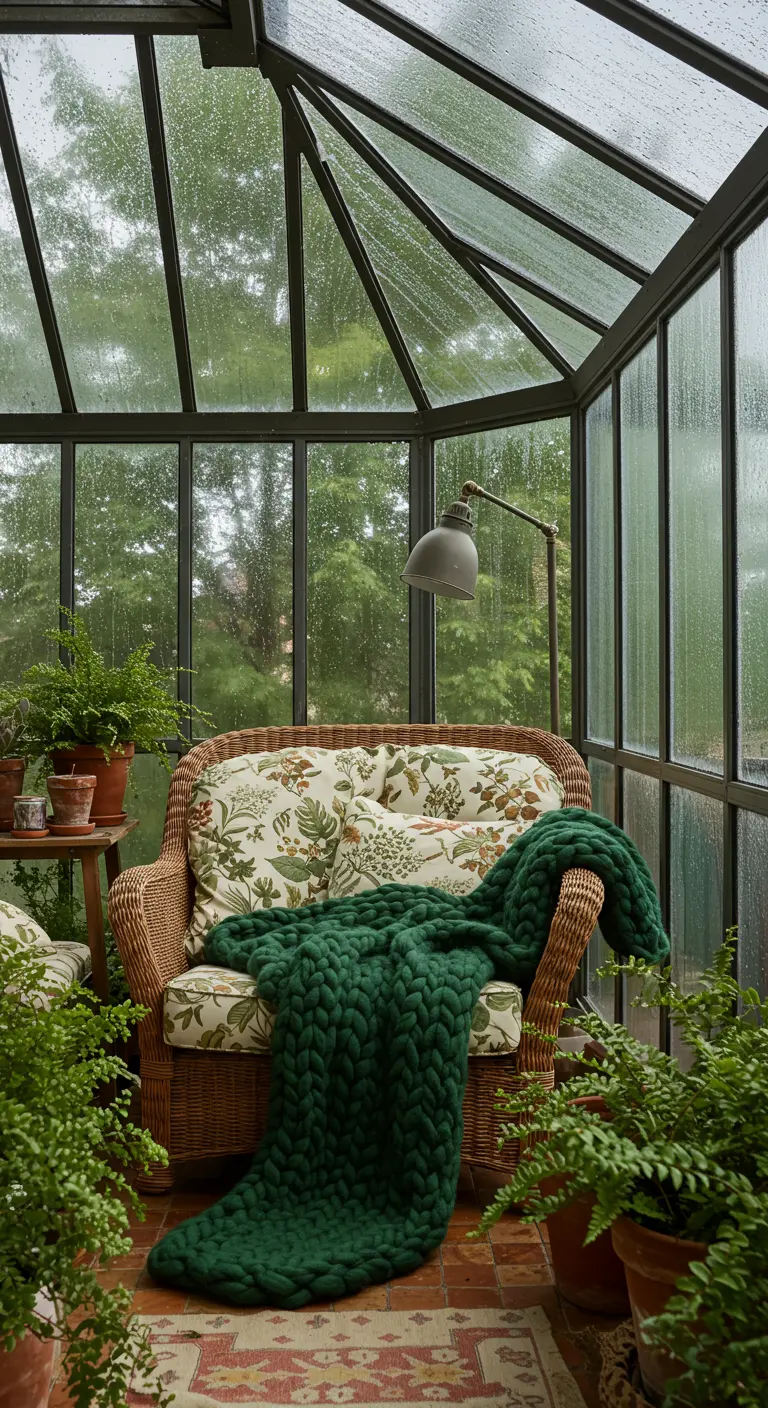 Sillón de mimbre en un porche acristalado con manta verde y muchos helechos.