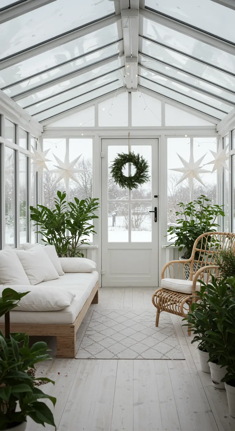 Invernadero luminoso con muebles de madera y ratán, decorado con estrellas de papel y una corona de pino