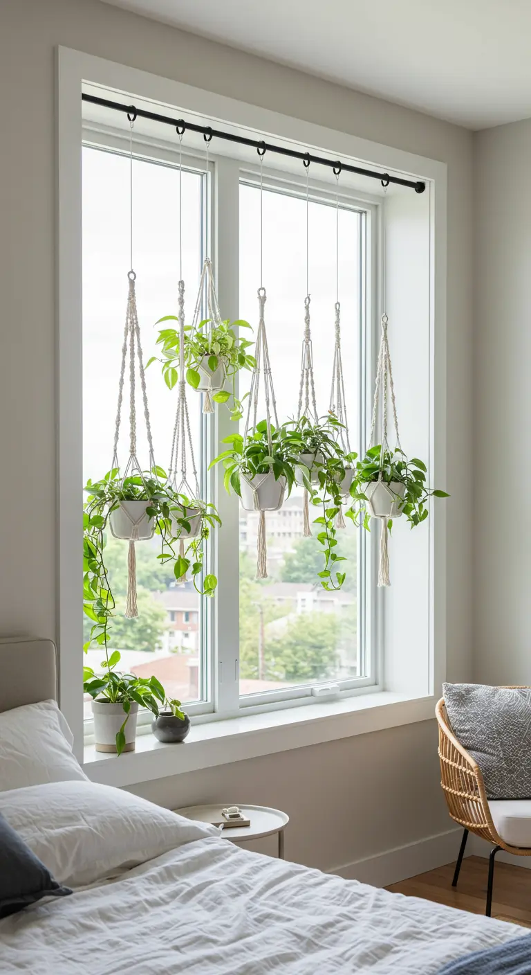 Varias plantas colgantes en maceteros de macramé suspendidas de una barra en una ventana grande.