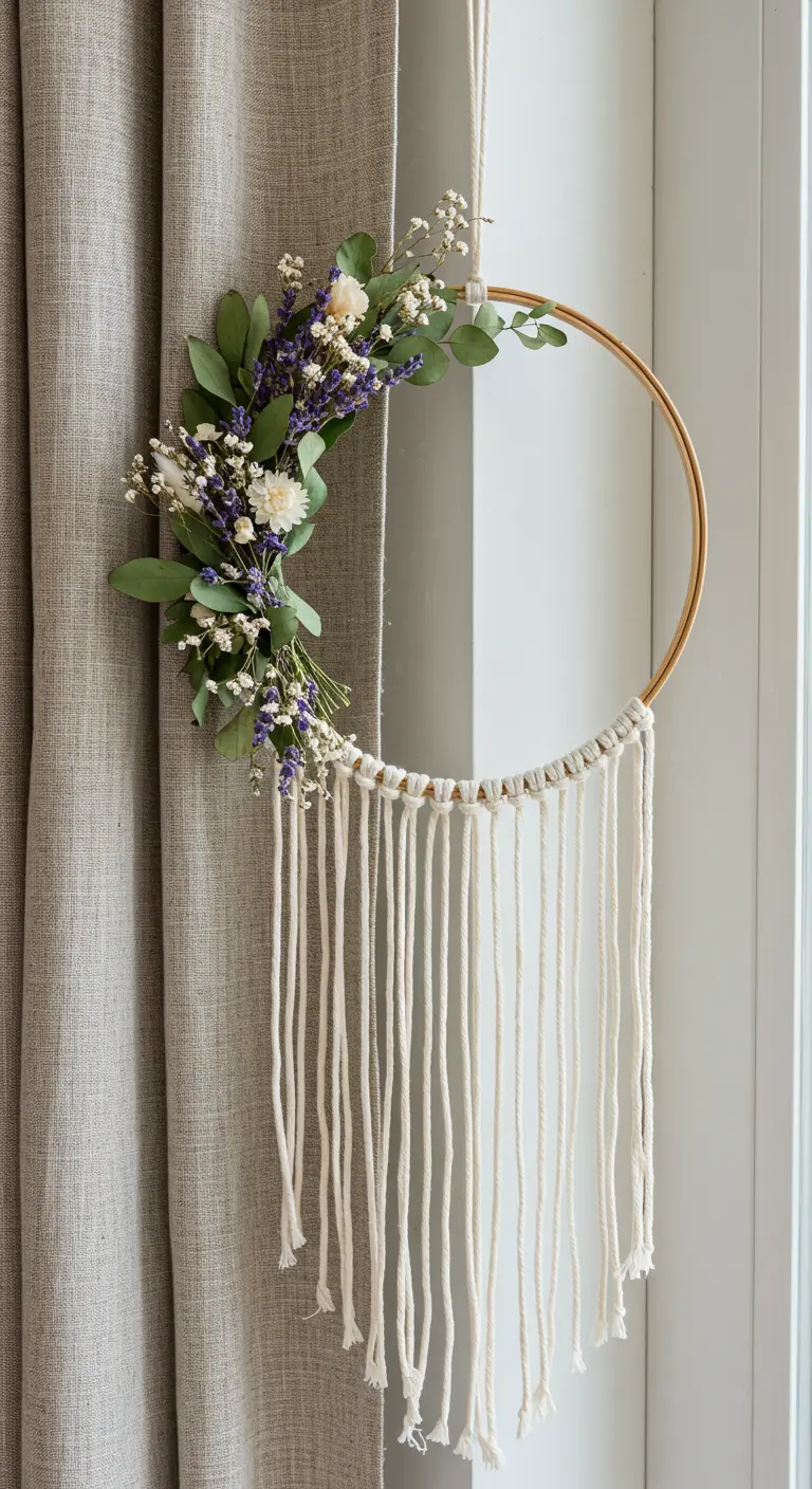 Atrapasueños con aro dorado decorado con un ramo de flores secas y lavanda, colgado en una cortina.
