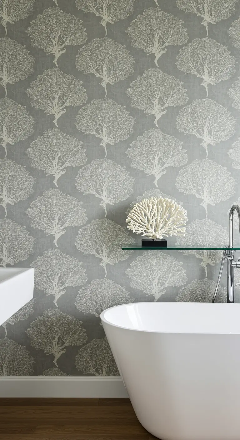 Detalle de un baño con papel pintado con motivos de corales y una pieza de coral decorativa.
