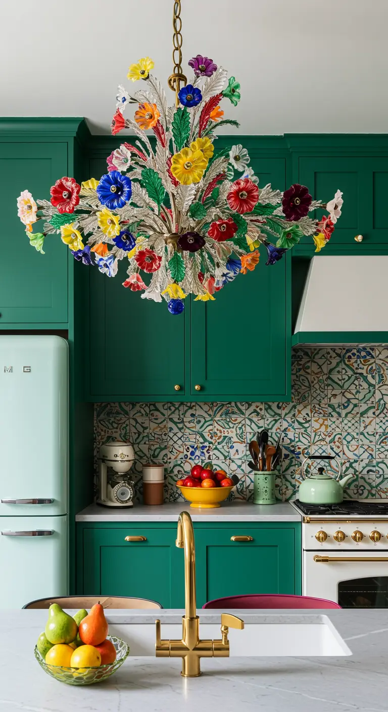 Cocina verde vibrante con una espectacular lámpara de araña de flores de cristal de Murano de colores.