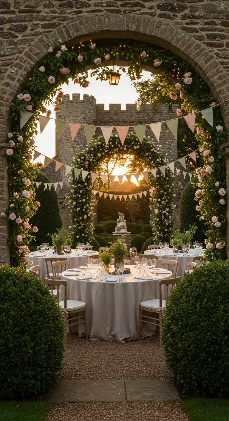 Mesas de fiesta en un jardín de castillo, vistas a través de un arco de piedra cubierto de flores.