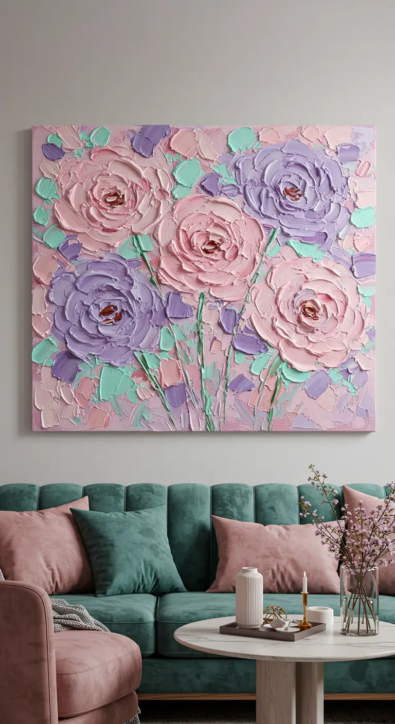 Cuadro grande con flores en relieve de colores rosa, lavanda y menta