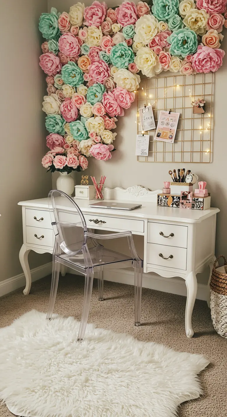 Rincón de trabajo femenino y romántico con una pared decorada con flores artificiales.