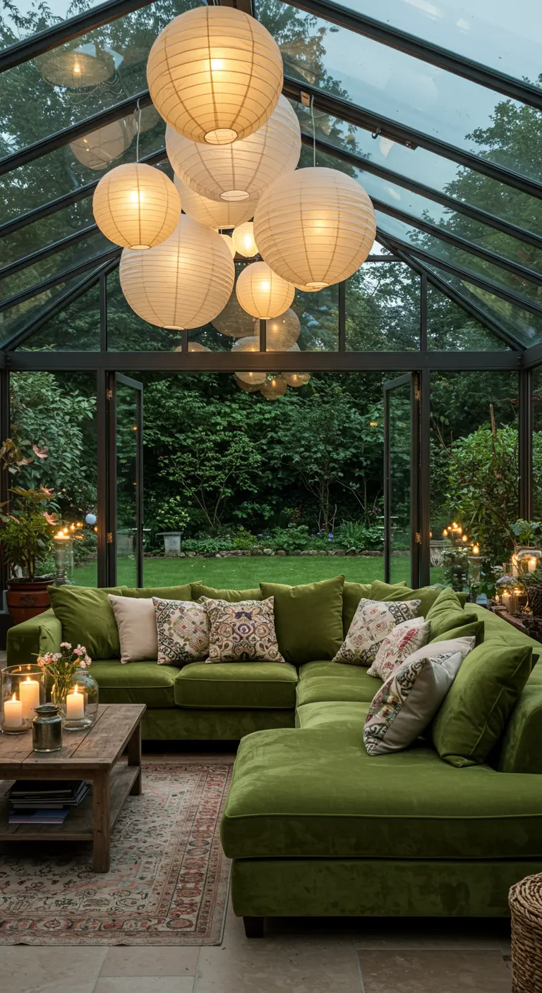 Invernadero con un gran sofá esquinero de terciopelo verde y un racimo de lámparas de papel colgantes.