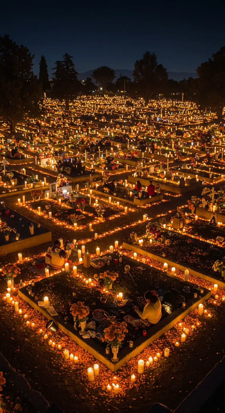 Cementerio de noche iluminado por cientos de velas sobre las tumbas decoradas con cempasúchil.