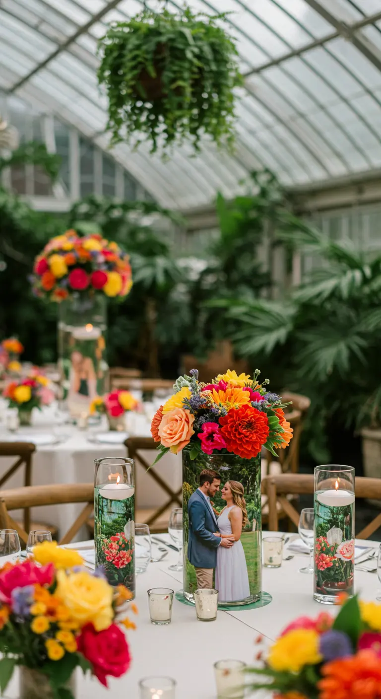 Jarrón de cristal envuelto con una foto de la pareja, lleno de flores de colores vivos.