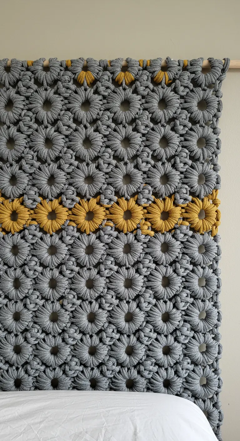 Cabecero de macramé gris con un patrón de nudos en forma de flor y una franja amarilla.