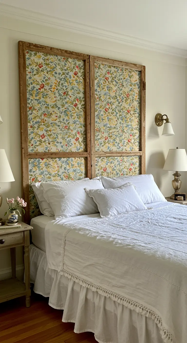 Cabecero de cama DIY con dos puertas de madera natural y paneles empapelados con un diseño floral.