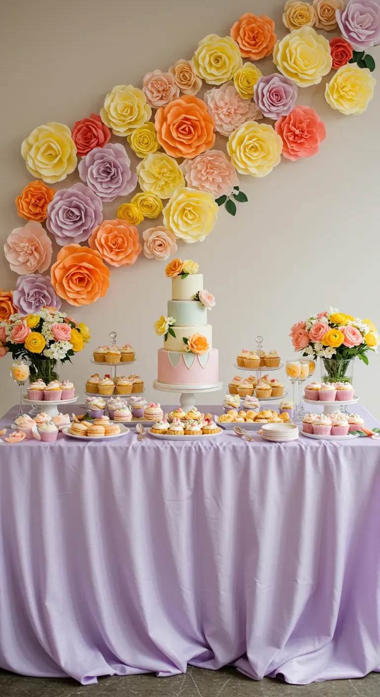 Mesa de dulces con un pastel de bodas y una pared decorada con flores de papel gigantes.