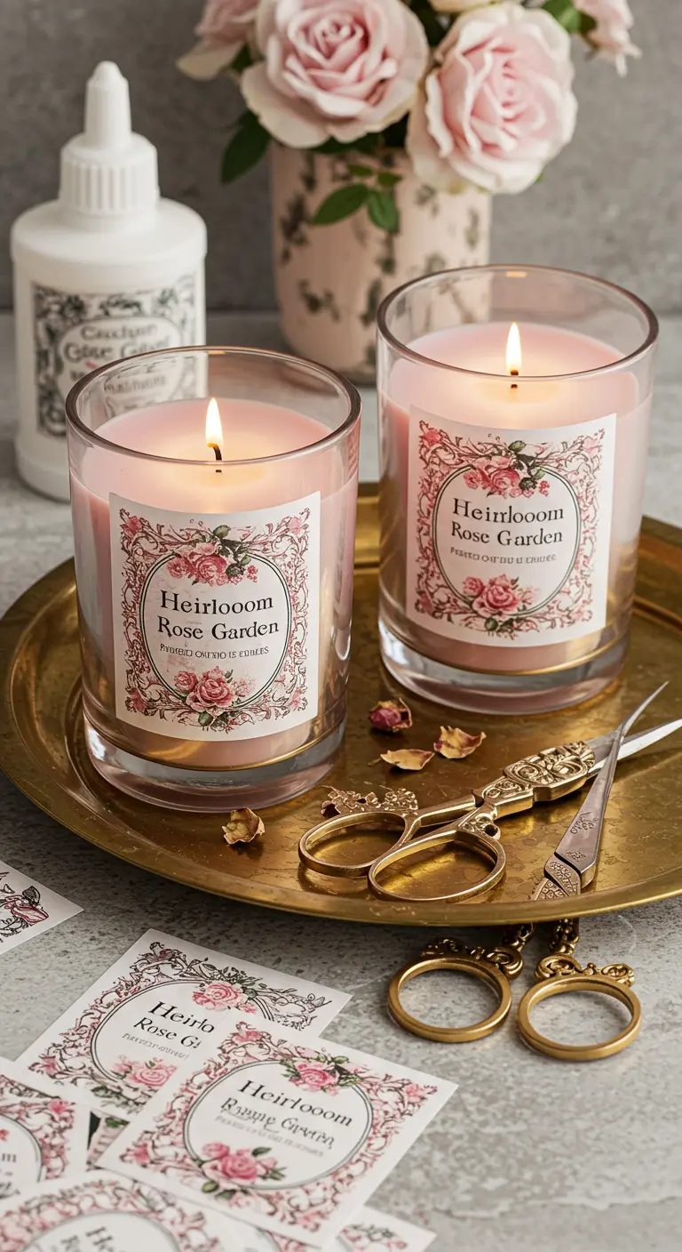 Dos velas de cera rosa con aroma a jardín de rosas, etiquetas florales y tijeras de costura doradas.