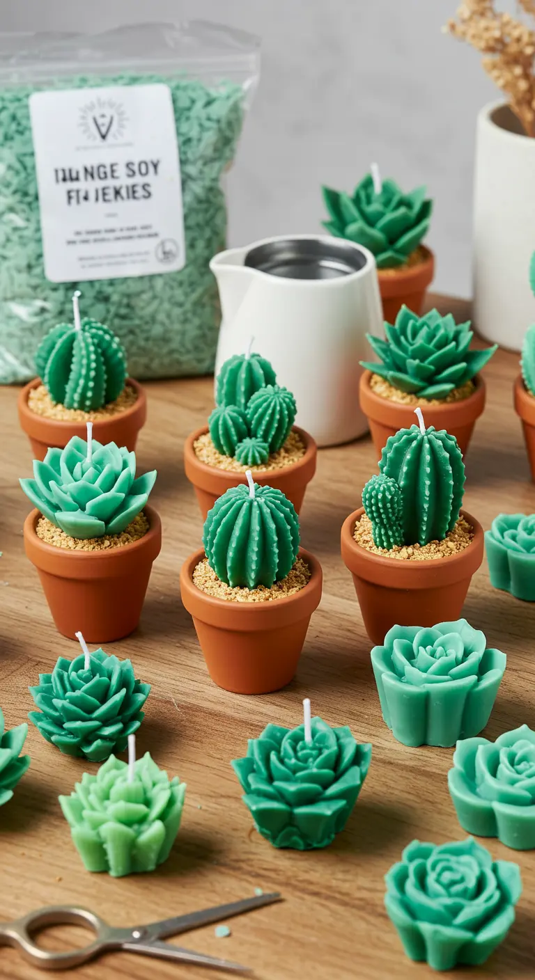 Velas caseras con forma de cactus y suculentas en varias tonalidades de verde