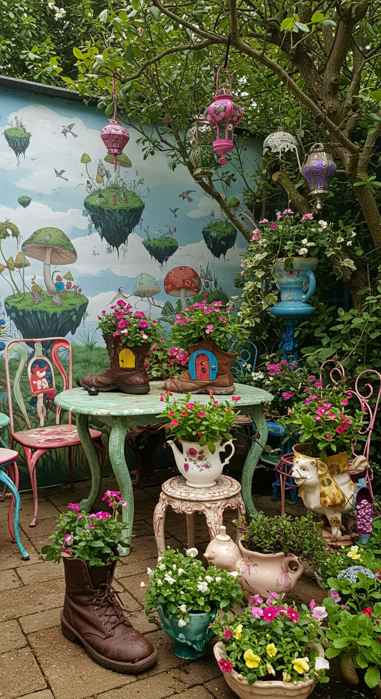 Jardín mágico con un mural de fantasía y flores plantadas en objetos reciclados como botas.