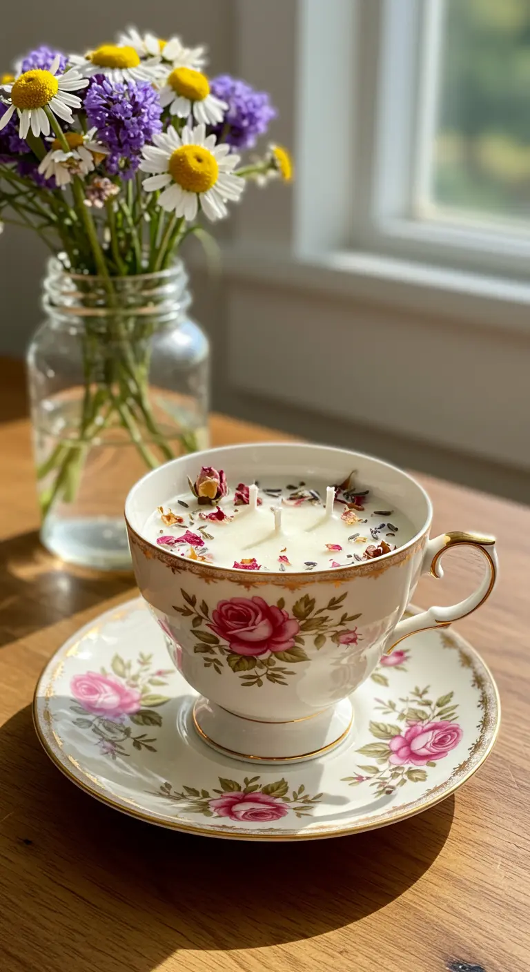 Vela en taza de té vintage con flores secas y dos pabilos