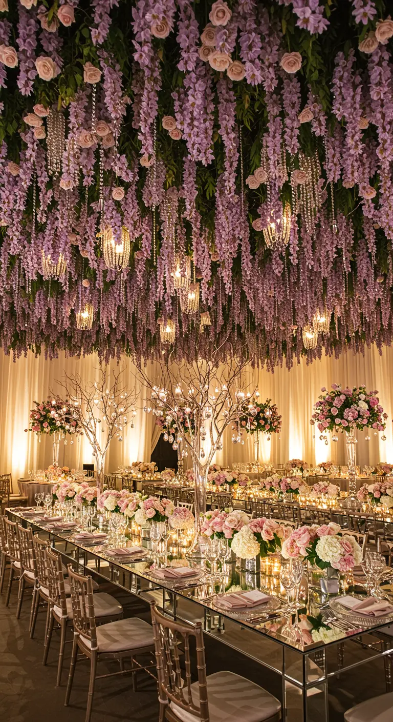 Techo cubierto de glicinas y luces colgantes sobre mesas de banquete con superficie de espejo.