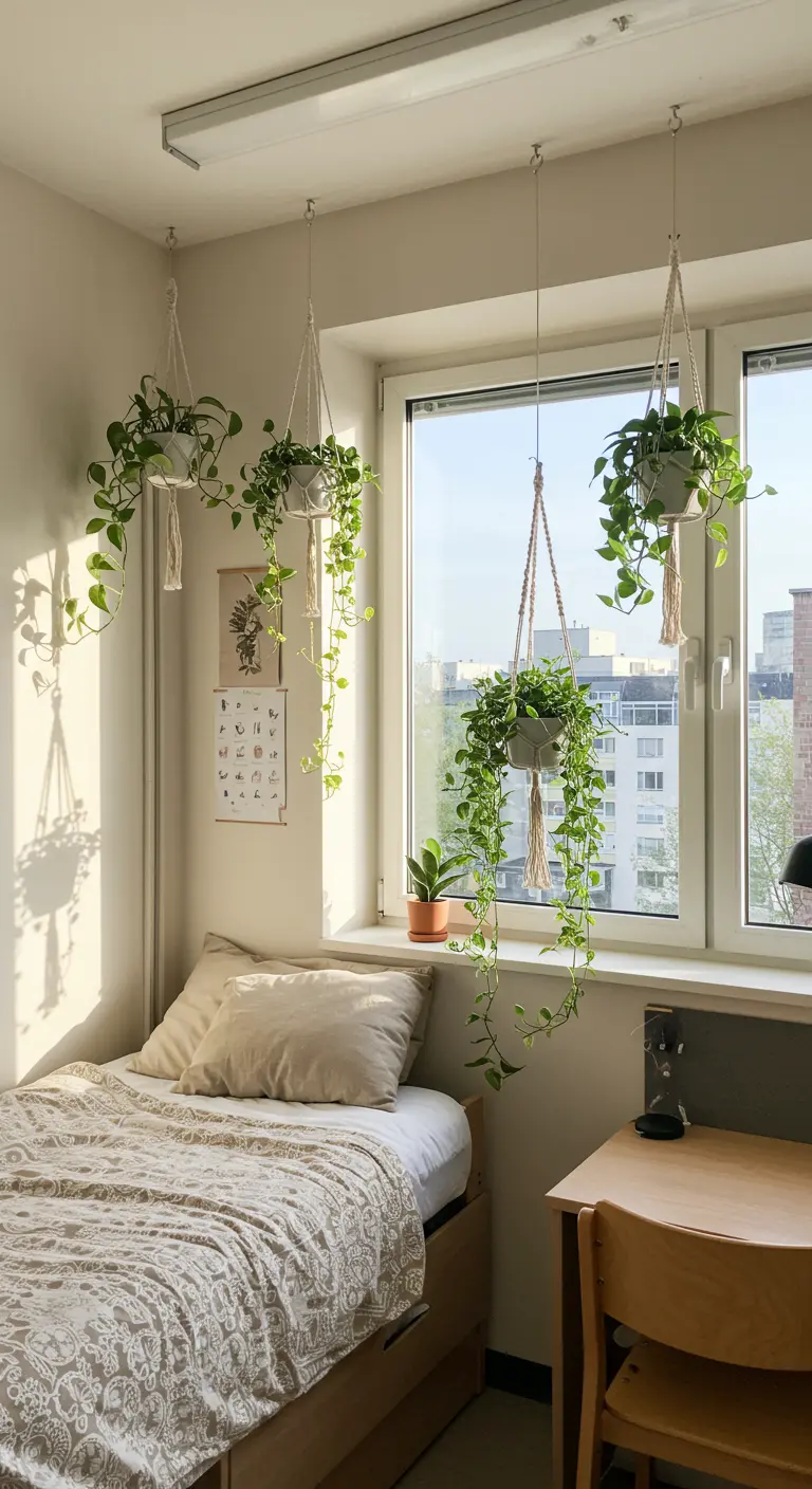 Plantas colgantes en maceteros de macramé frente a una ventana luminosa de dormitorio.
