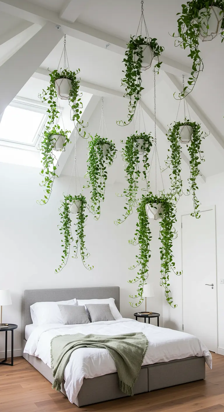Dormitorio blanco y minimalista con múltiples plantas colgando del techo a diferentes alturas.