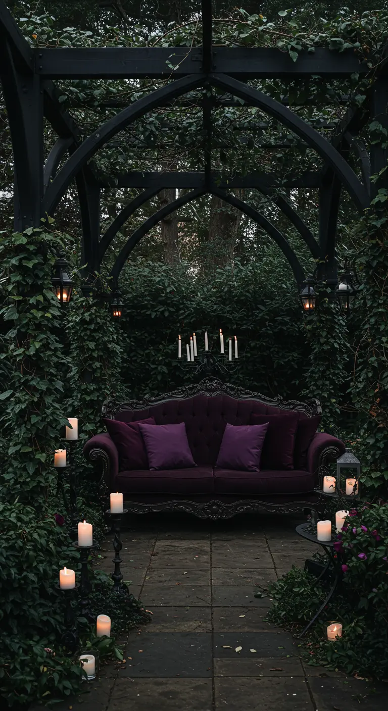 Jardín gótico con pérgola negra, sofá de terciopelo morado y velas.