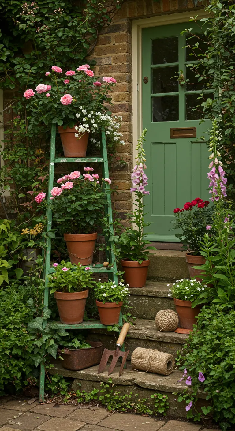 Escalera de madera verde integrada en un jardín frondoso con macetas de rosas y otras flores.